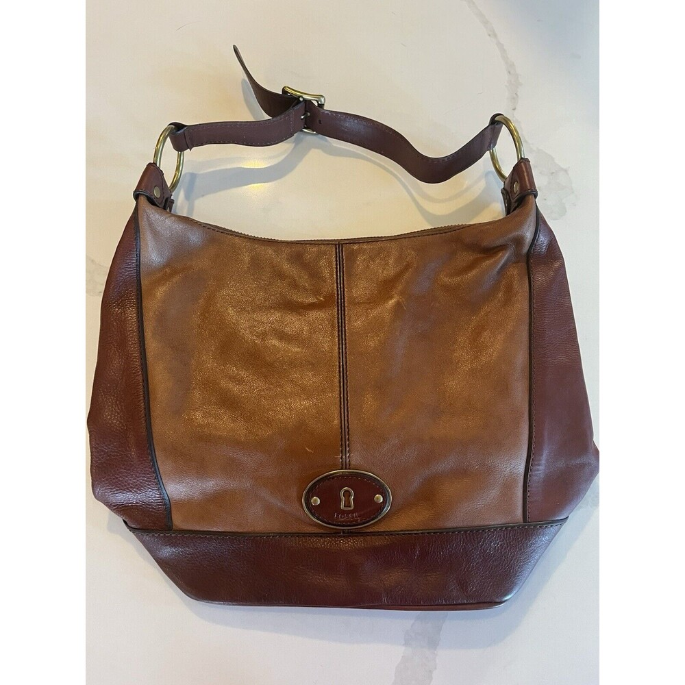 Fossil Maddox Two Toned Brown Pebbled Leather Zipper Closure Bucket Shoulder Bag